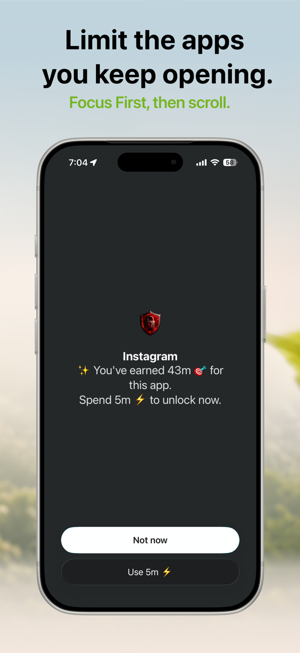 FocusFirst shield over Instagram asking whether to spend 5 minutes of earned screen time to unlock